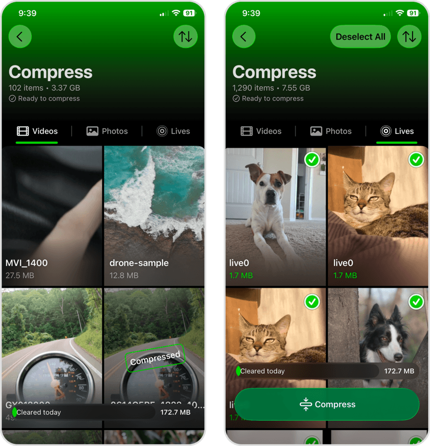 Photo and video compressor in the Clever Cleaner app.