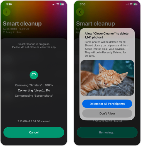 Confirming the deletion of photos in the Clever Cleaner app