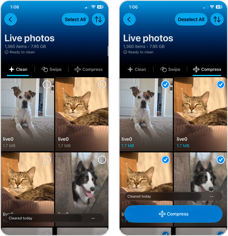 Live Photo cleaner and compression tool in the Clever Cleaner app.