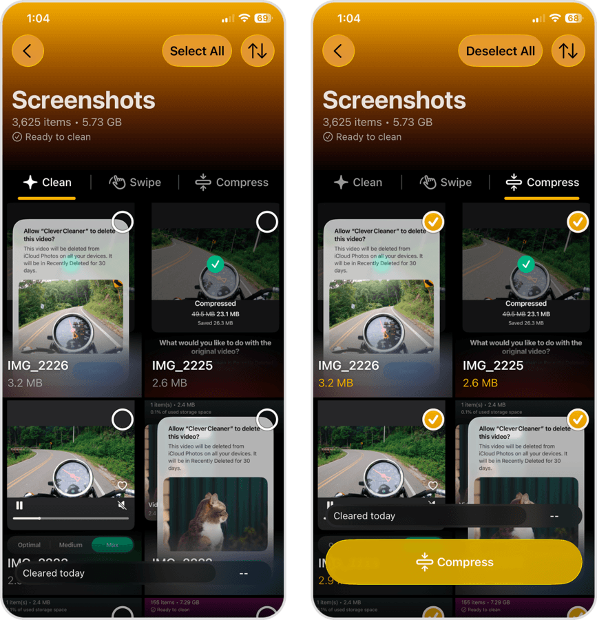 Screenshot cleaner and compression tool in the Clever Cleaner app.