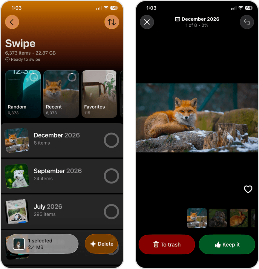 Swipe cleaning tool in the Clever Cleaner app.