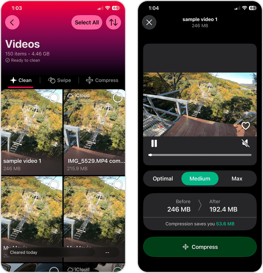 Video cleaner and compressor in the Clever Cleaner app.