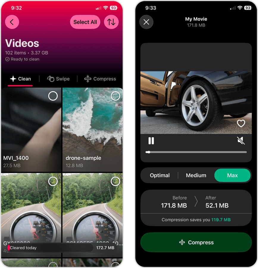 Video cleaner and compressor in the Clever Cleaner app.