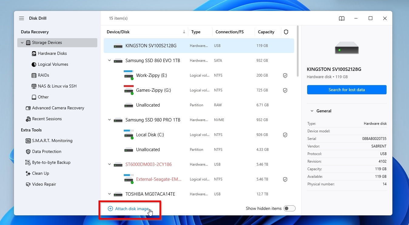 Disk Drill Attach Disk Image
