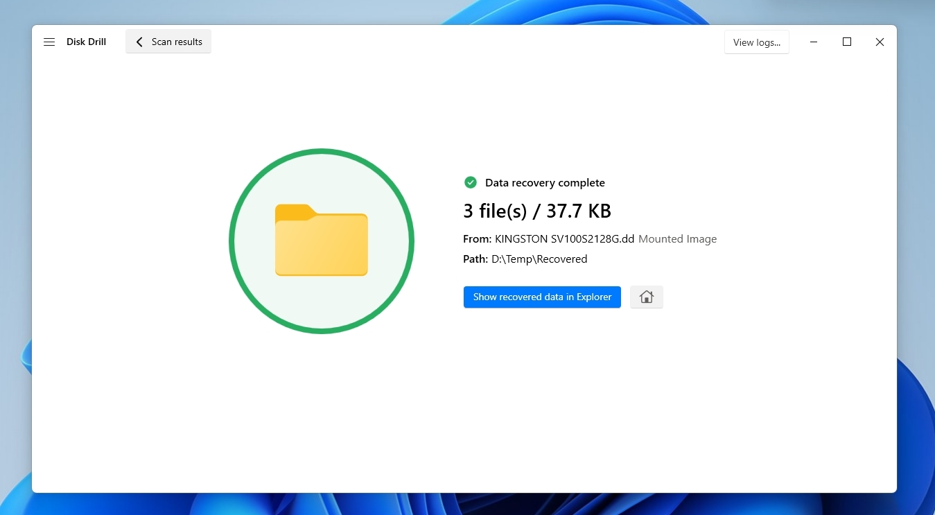 Disk Drill Attached Disk Image Data Recovery Complete Show Recovered Data in Explorer