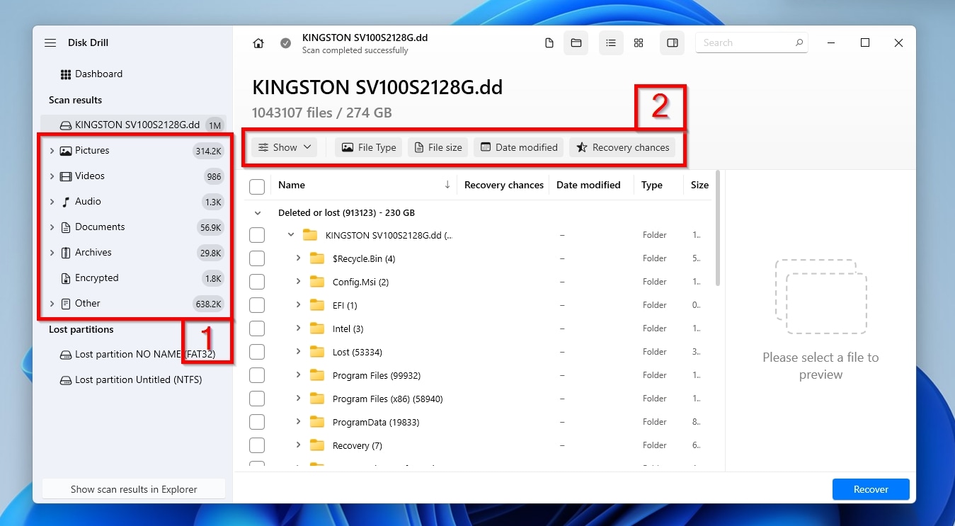 Disk Drill Attached Disk Image Results Categories and Filters