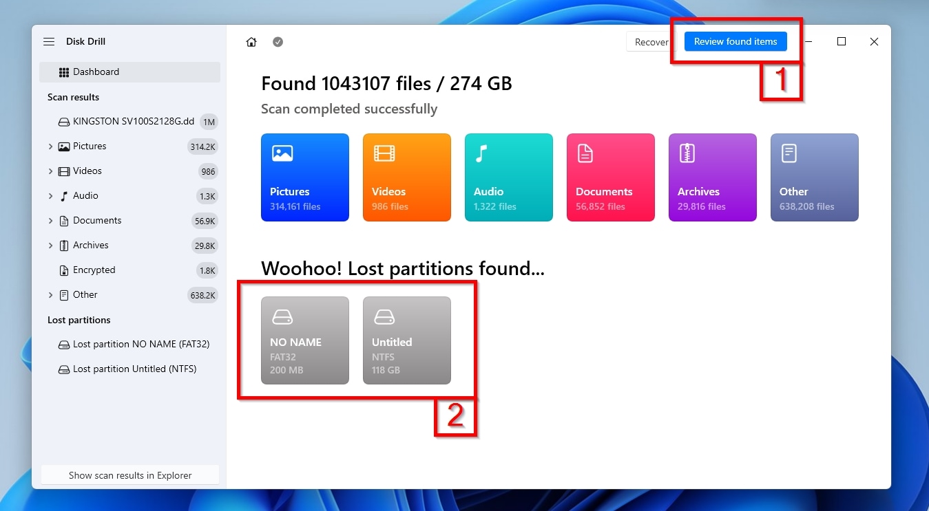 Disk Drill Attached Disk Image Review Found Items or Select Lost Partition