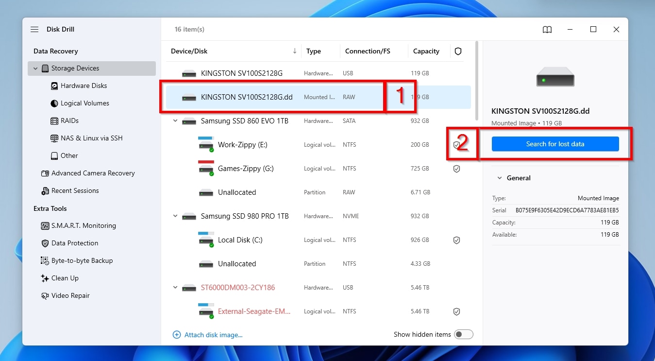 Disk Drill Attached Image Device and Search For Lost Data