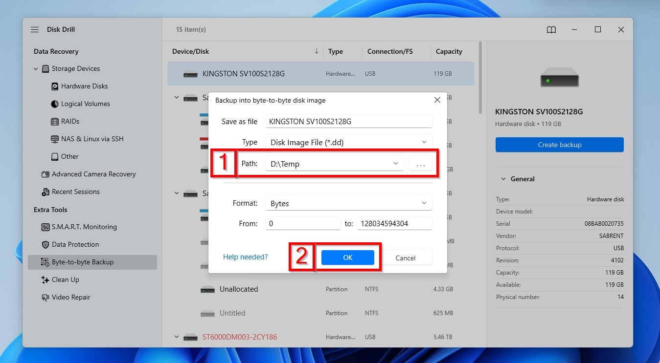 Disk Drill Byte to Byte Backup Choose Image Destination Path