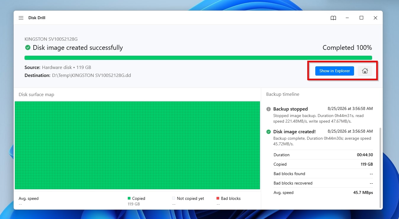 Disk Drill Byte to Byte Backup Disk Image Created