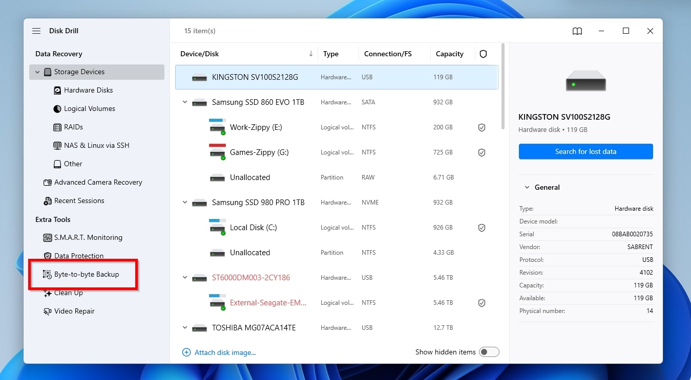 Disk Drill Byte to Byte Backup Menu Entry