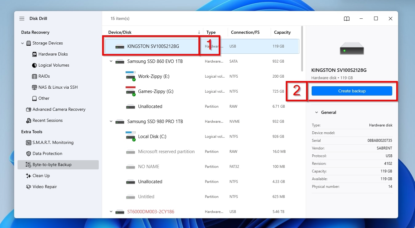 Disk Drill Byte to Byte Backup Select Disk and Create Backup