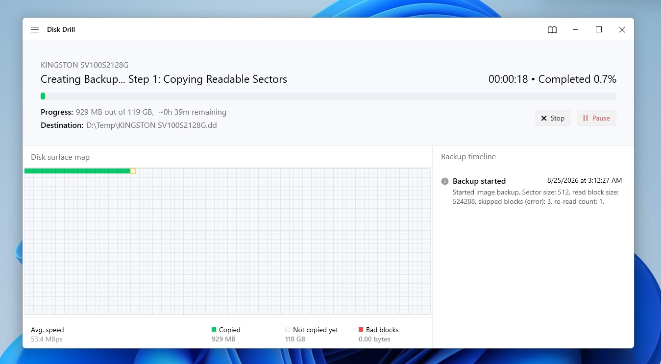 Disk Drill Byte to Byte Backup Started Disk Surface Map