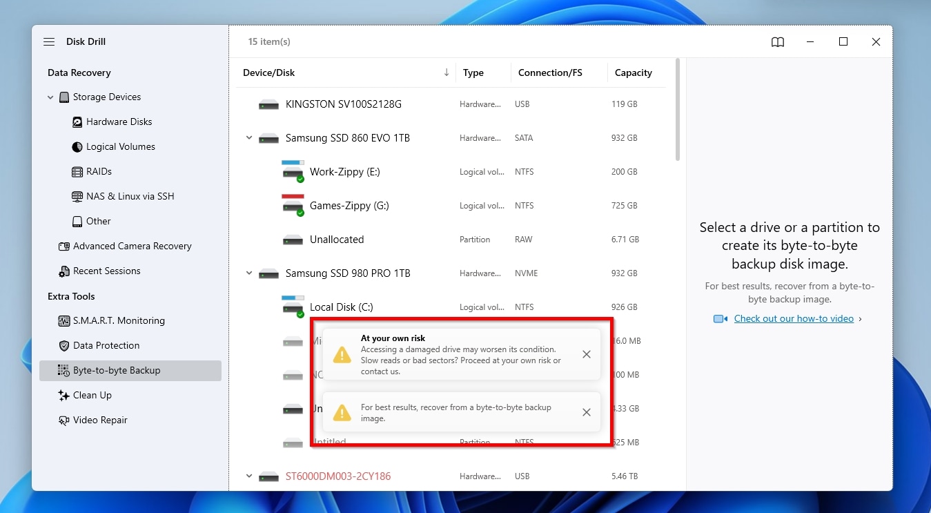 Disk Drill Byte to Byte Backup Warning