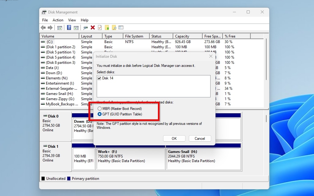 Disk Management Choosing MBR or GPT