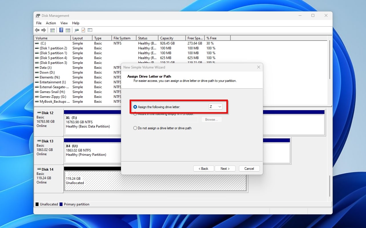 Disk Management New Simple Volume Wizard Letter Assignment