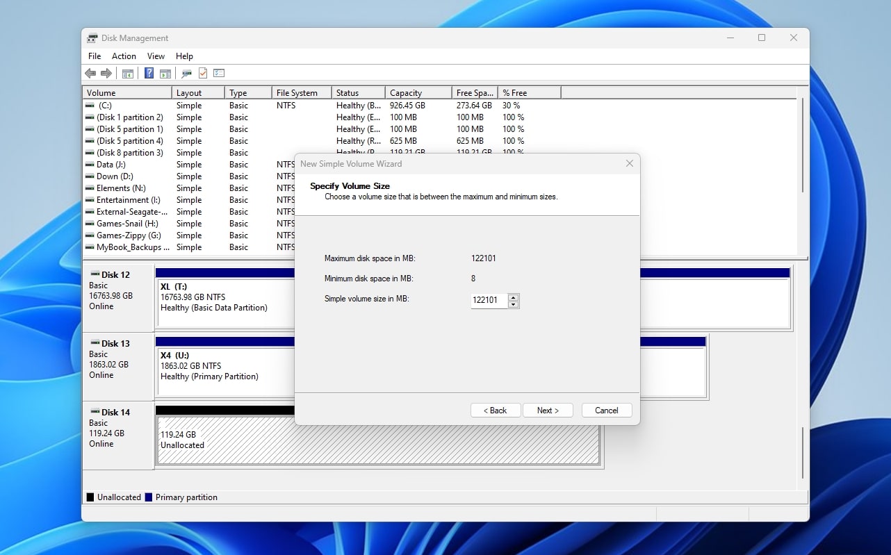 Disk Management New Simple Volume Wizard Size