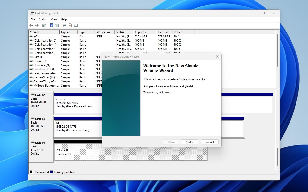 Disk Management New Simple Volume Wizard