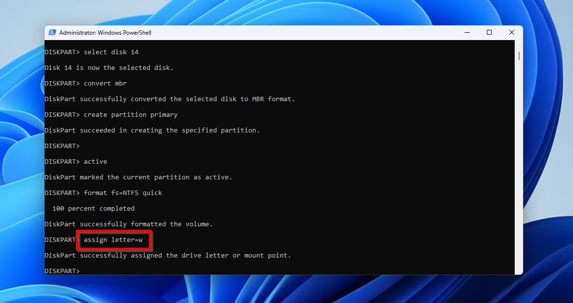 Diskpart Assign Letter W