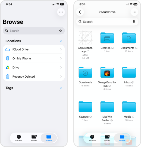 Opening the Downloads folder in the Files app on iOS