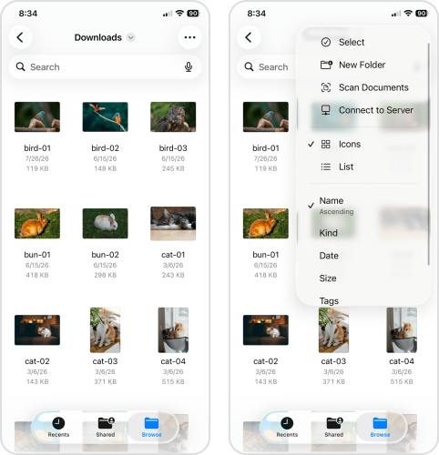 Selecting files to delete in the Downloads folder in the Files app