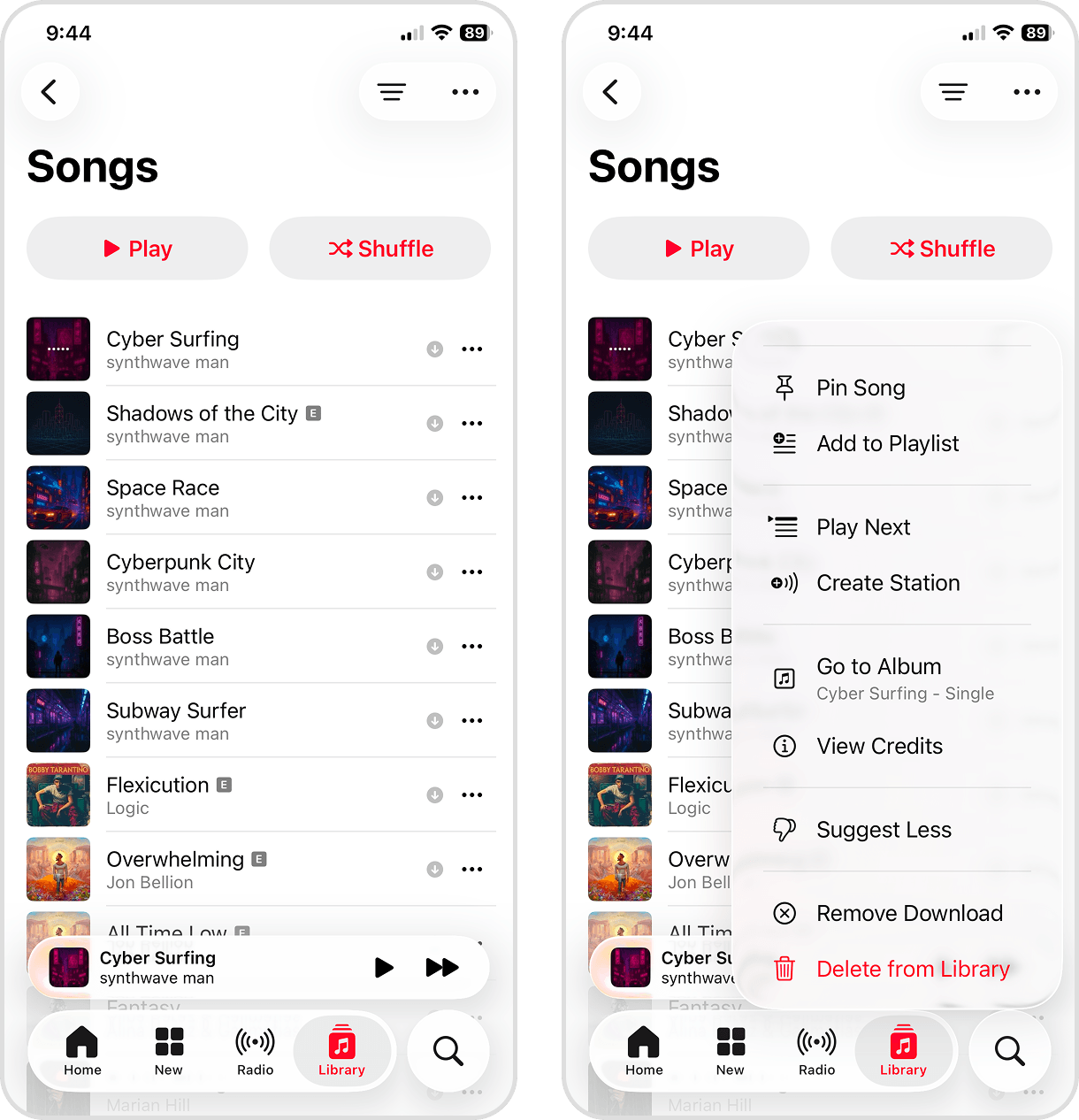 Removing a downloaded song in the Music app.