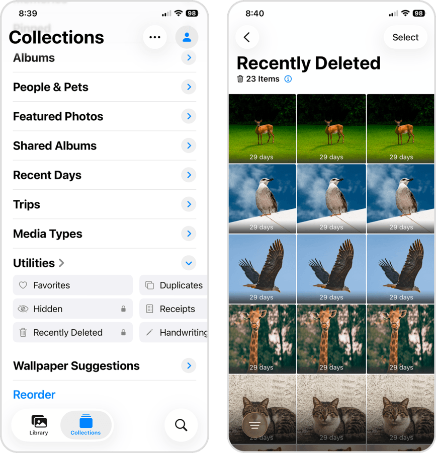 Recently Deleted album in the Photos app