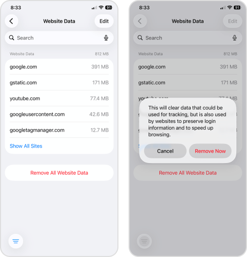 Removing Safari Website Data via the Settings app