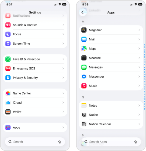 Opening the Messages menu in the Settings app