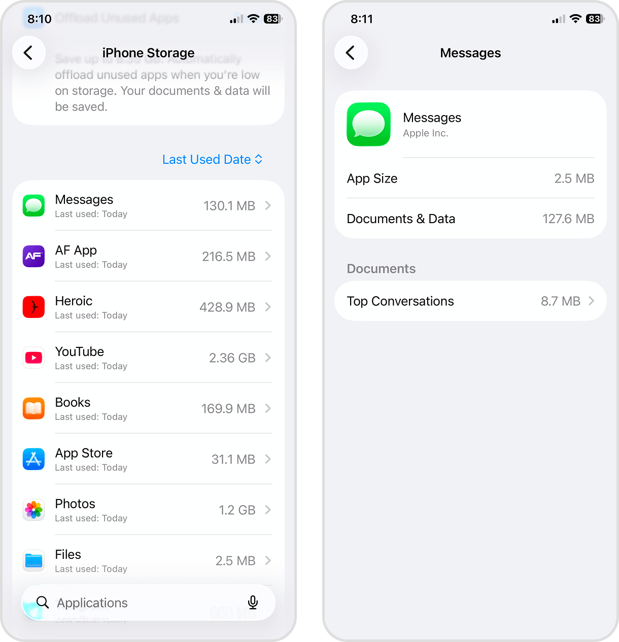 List of attachments in the Messages app