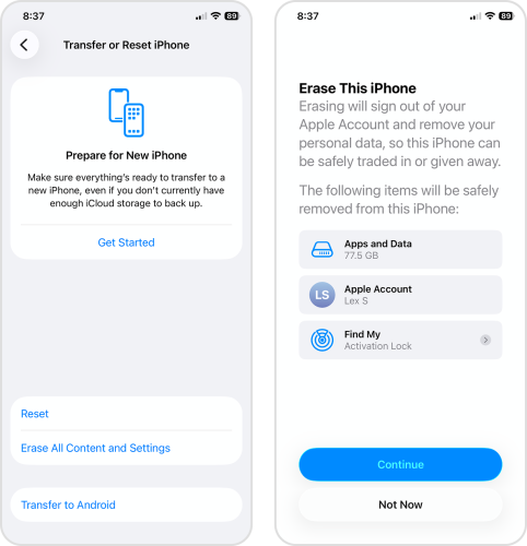 Erase All Content and Settings page in the Settings app