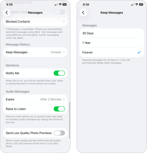 Using the Settings app to change the duration that the Messages app stores conversations