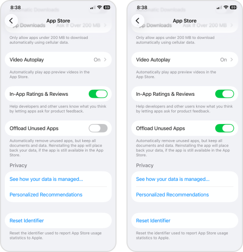 Activating the automatic Offload Unused Apps feature in the Settings app