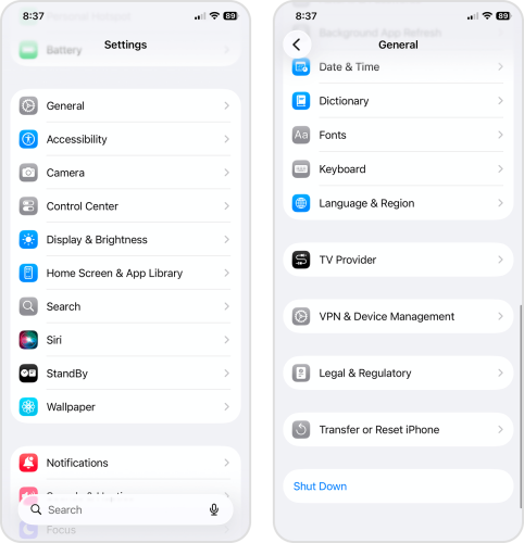 Finding the Transfer or Reset iPhone option in the Settings app