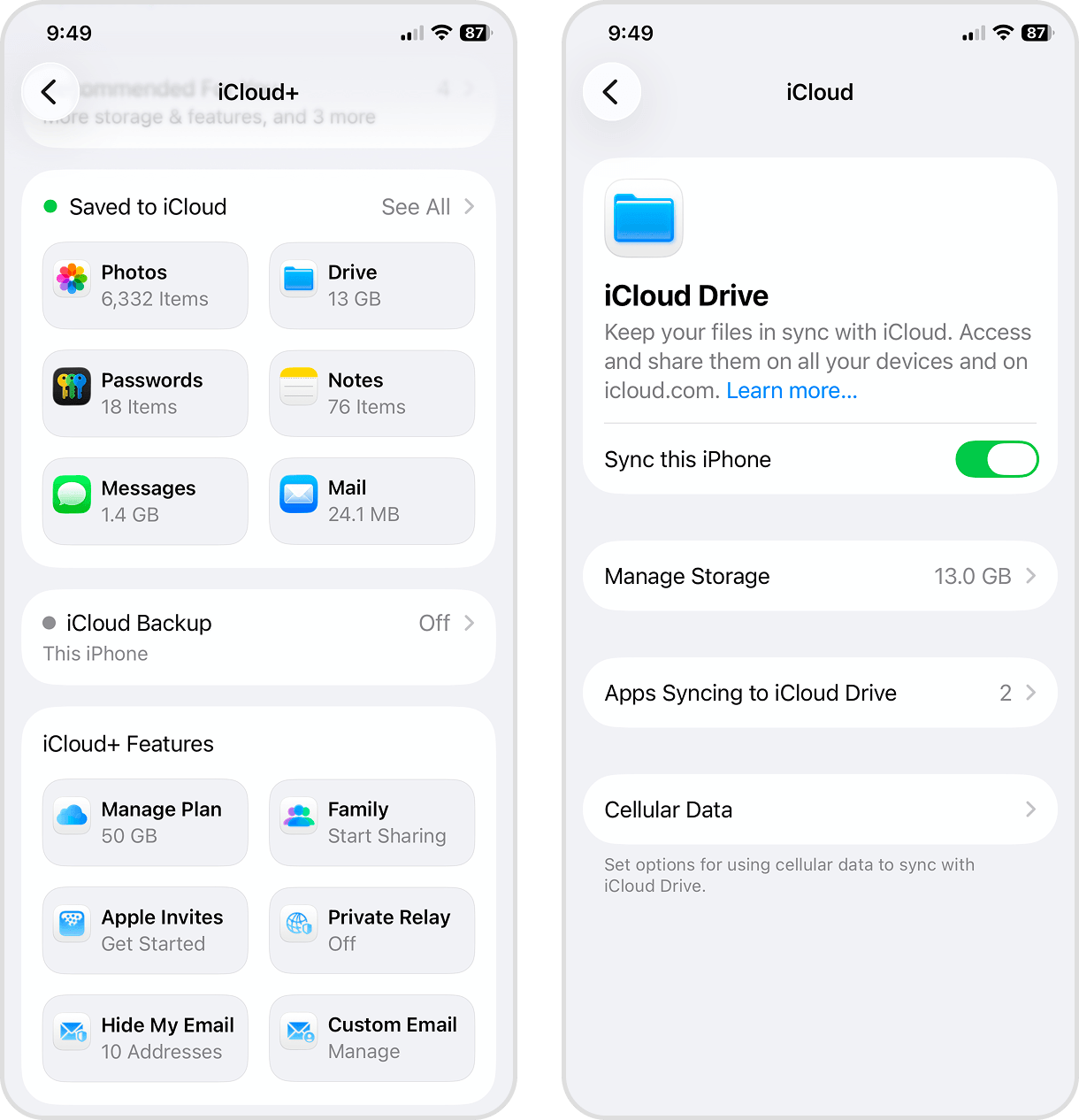 Activating the Sync this iPhone option for iCloud Drive