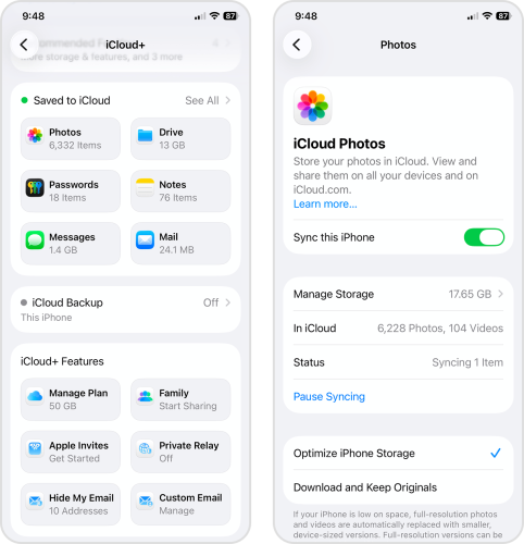 Enabling sync and optimization for iCloud Photos in the Settings app