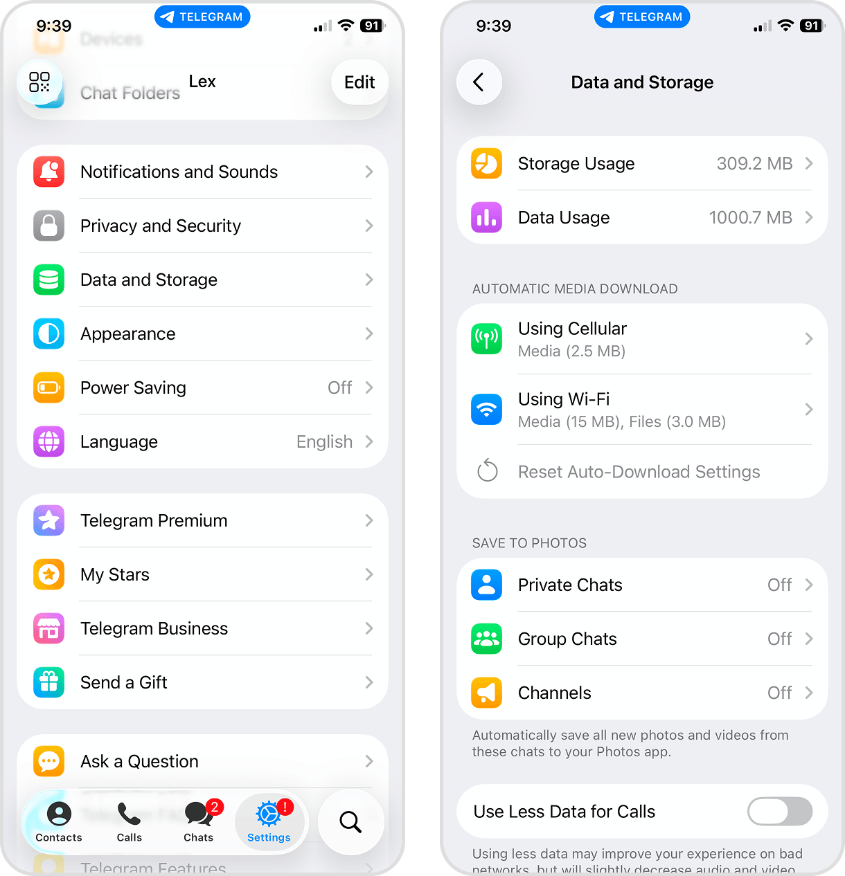 Telegram Data and Storage settings page.