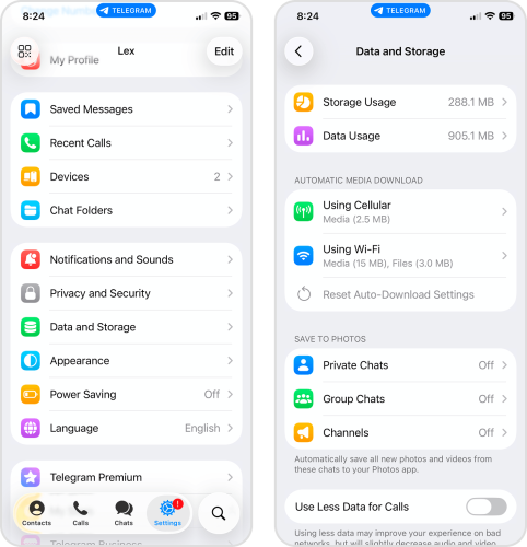 Opening the Data and Storage page in Telegram settings