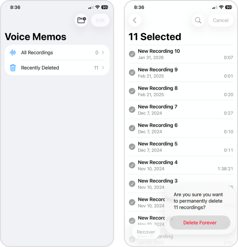 Deleting files in the Voice Memos app