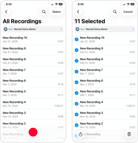 Selecting files in the Voice Memos app