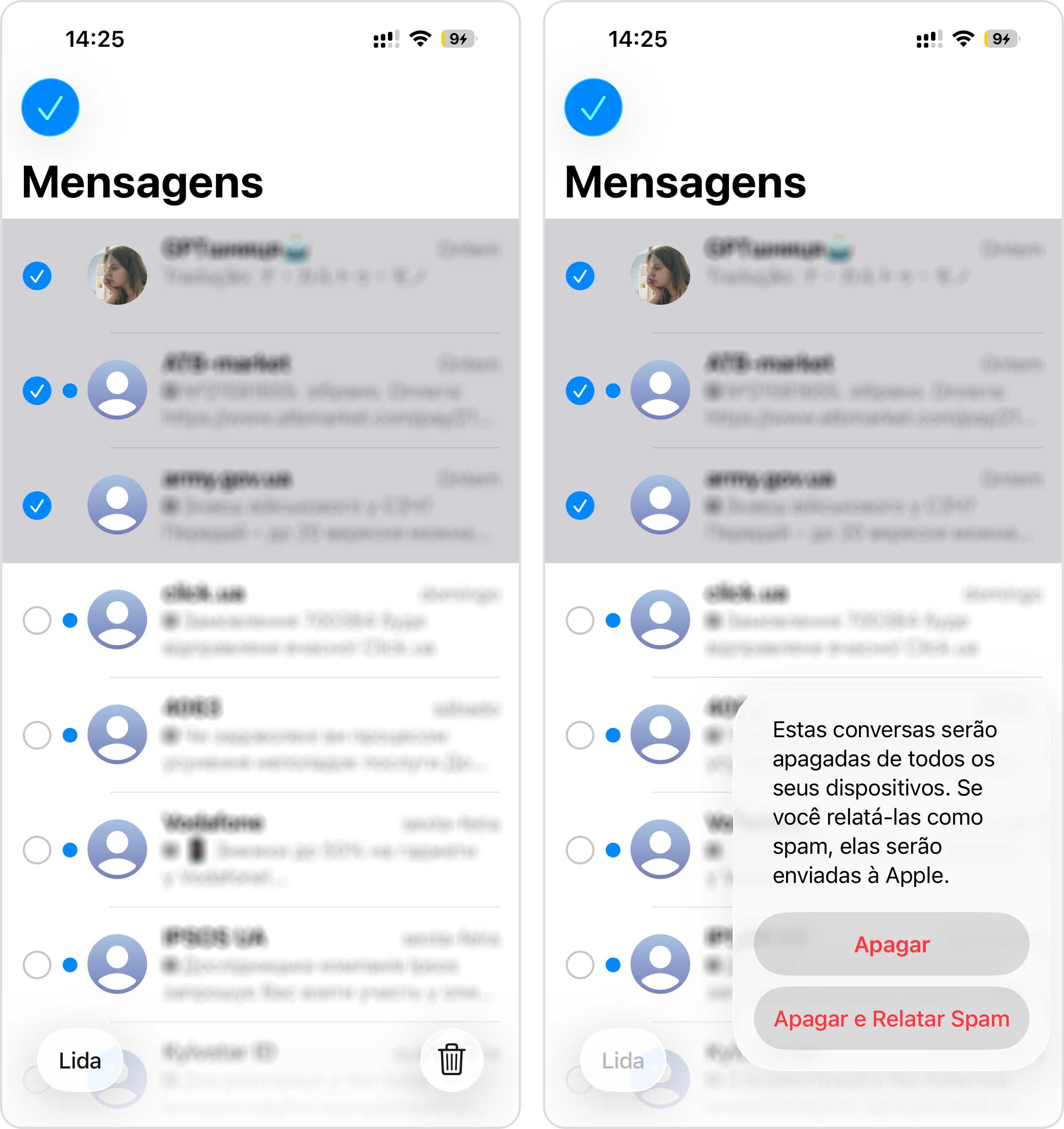 Apagar conversas no aplicativo de mensagens