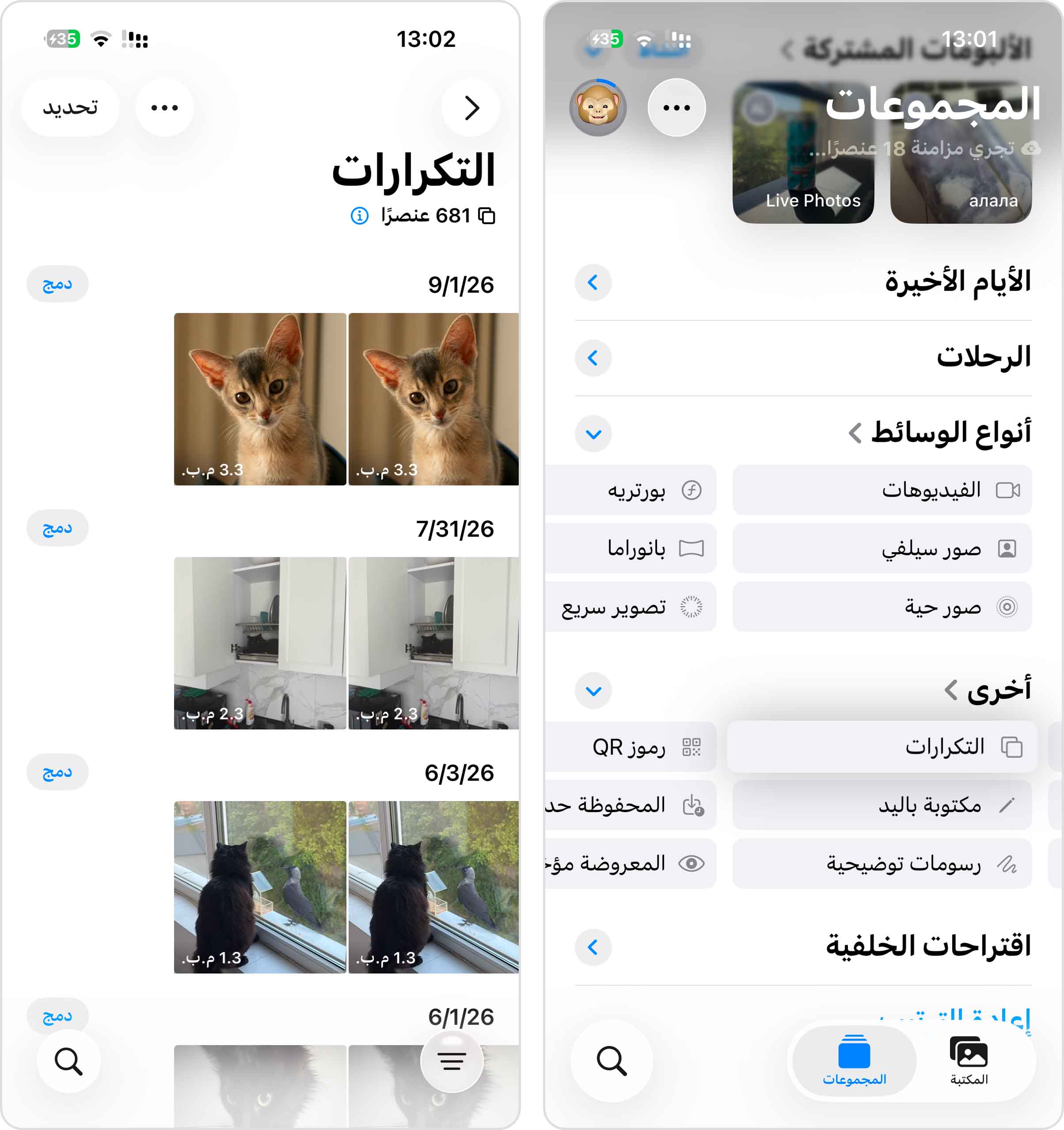 فتح ألبوم العناصر المكررة