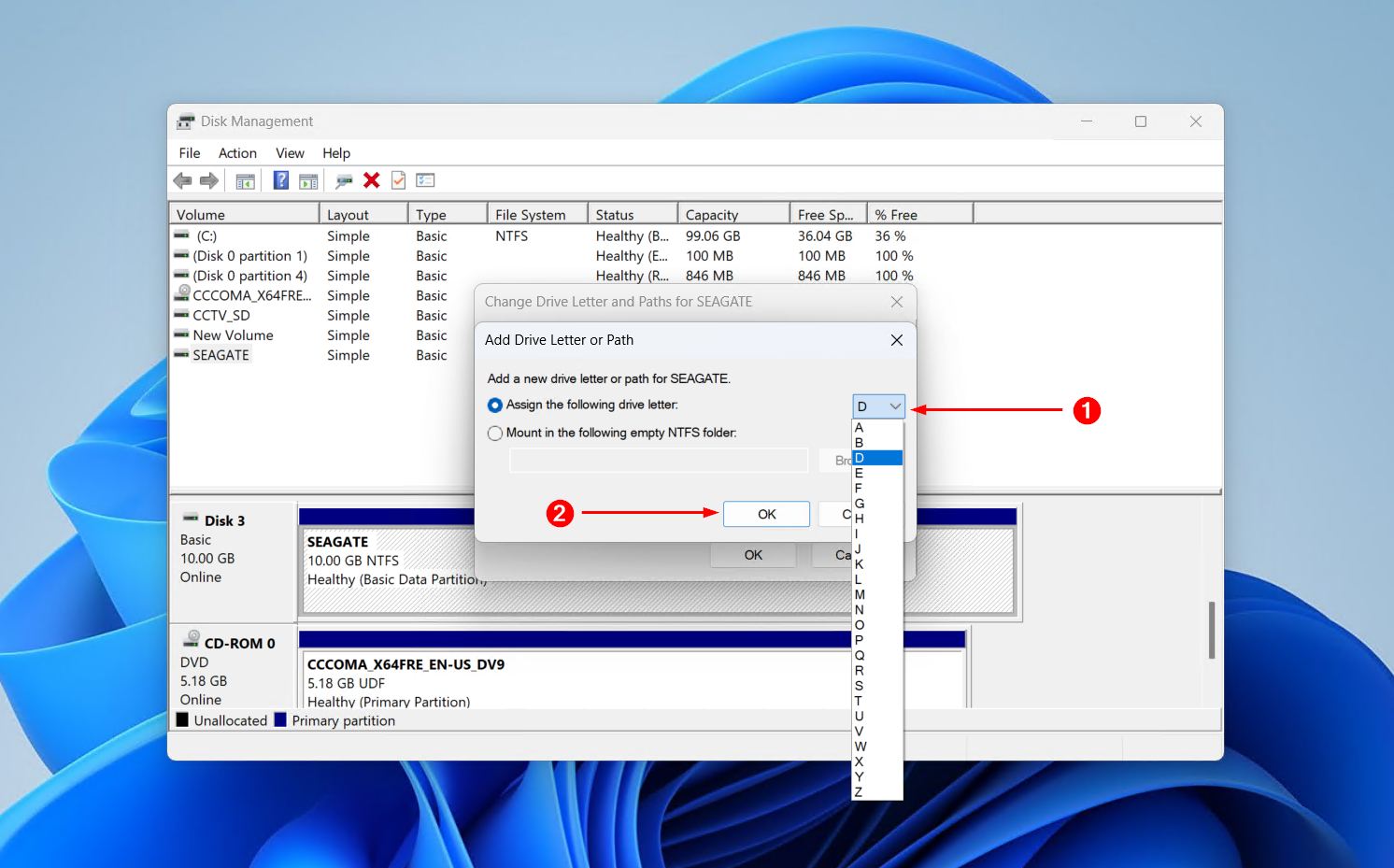 Assigning the D drive letter.