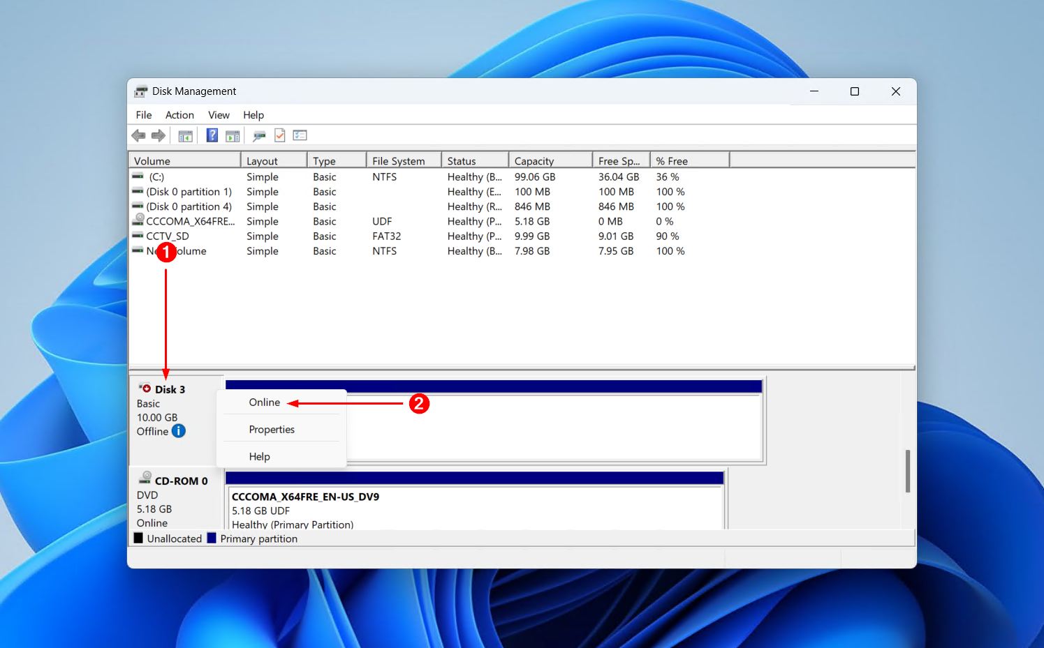 Bringing the disk online.