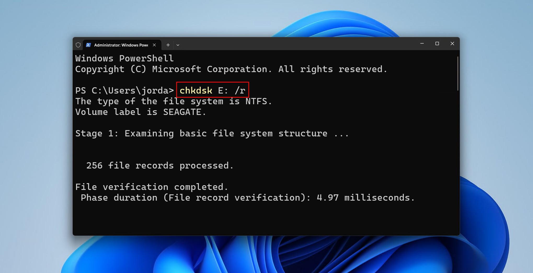 Running the chkdsk /r command against the Seagate drive letter.