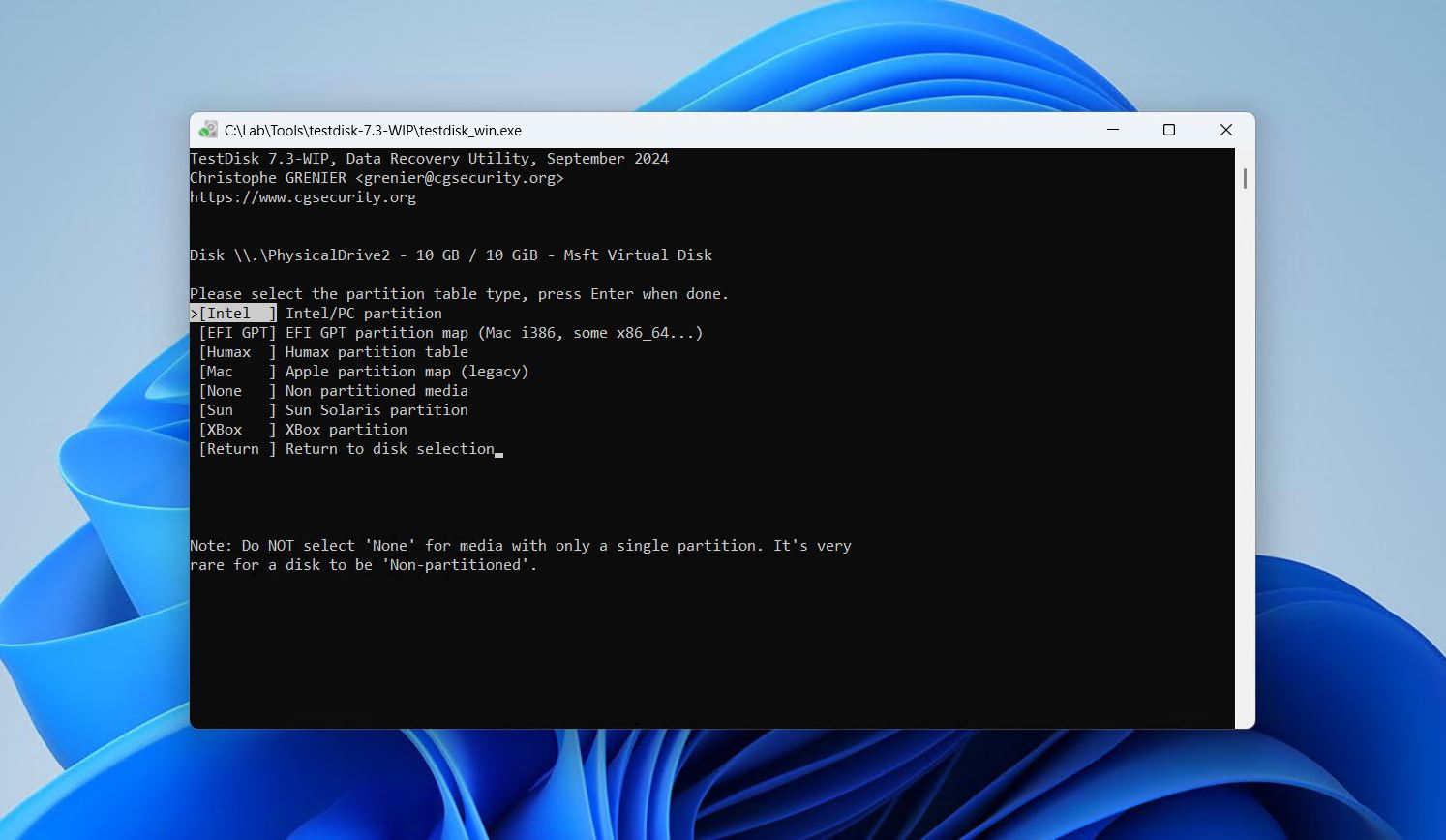 Choosing the partition table type.