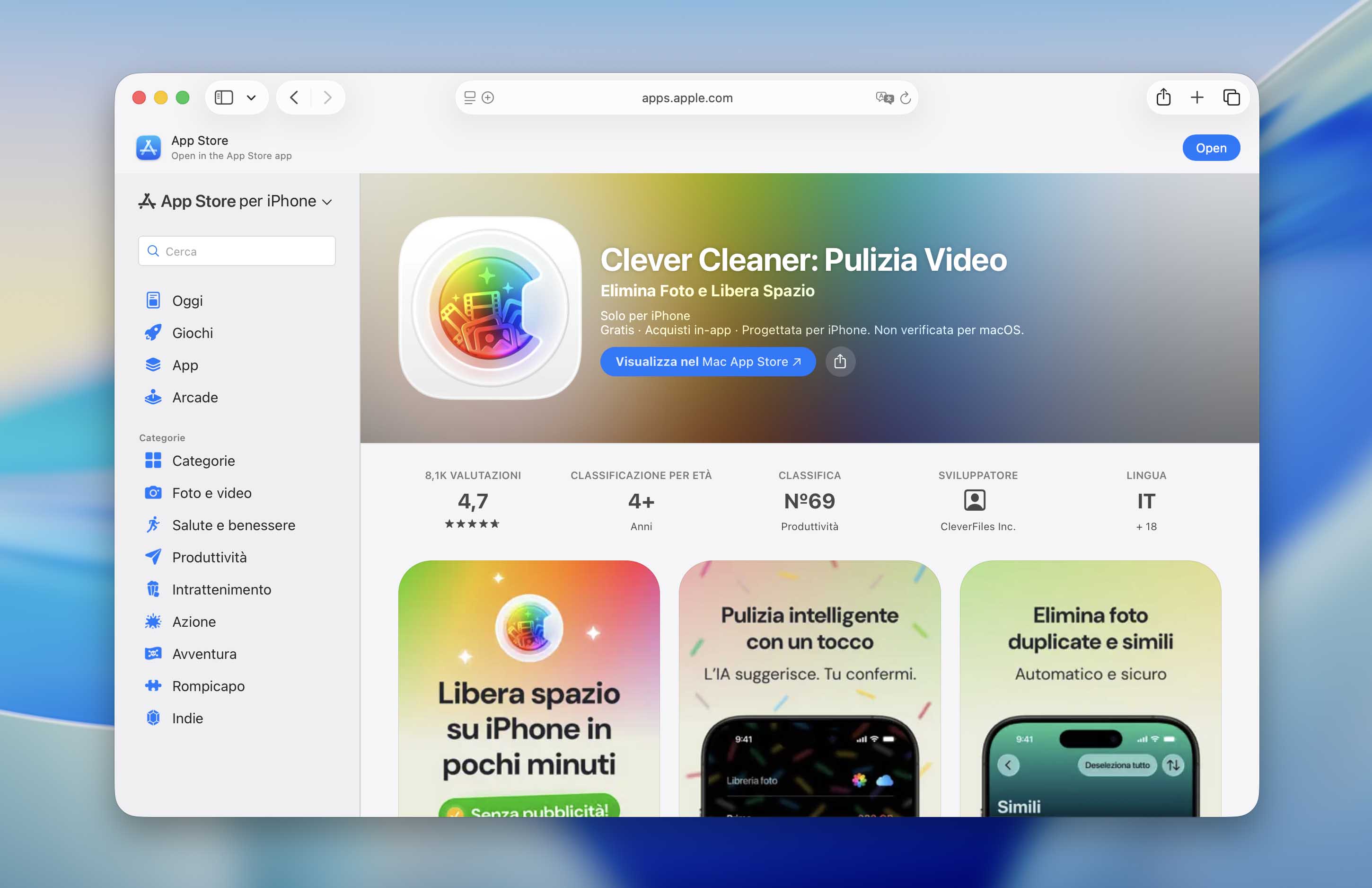 Pagina dell'App Store con l'app Clever Cleaner