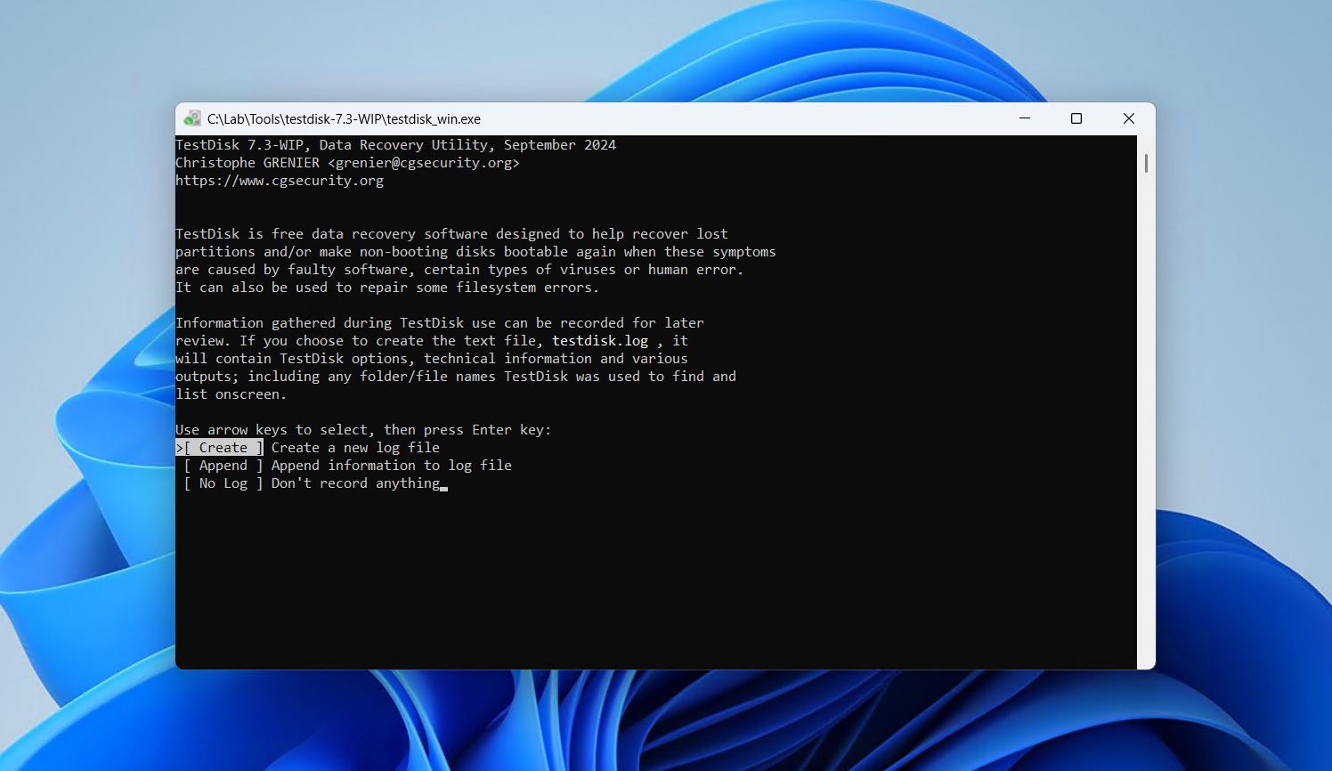 Creating a log file in TestDisk.