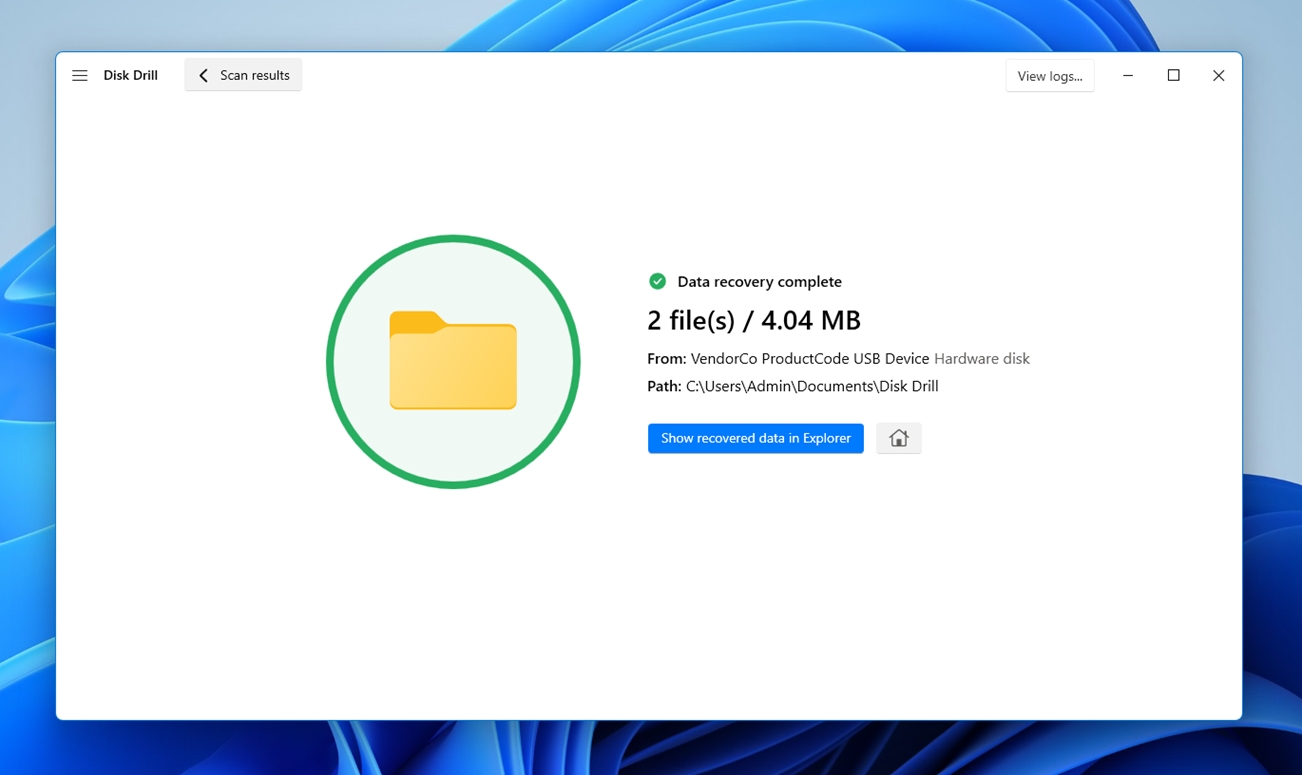 Click Show recovered data in Explorer