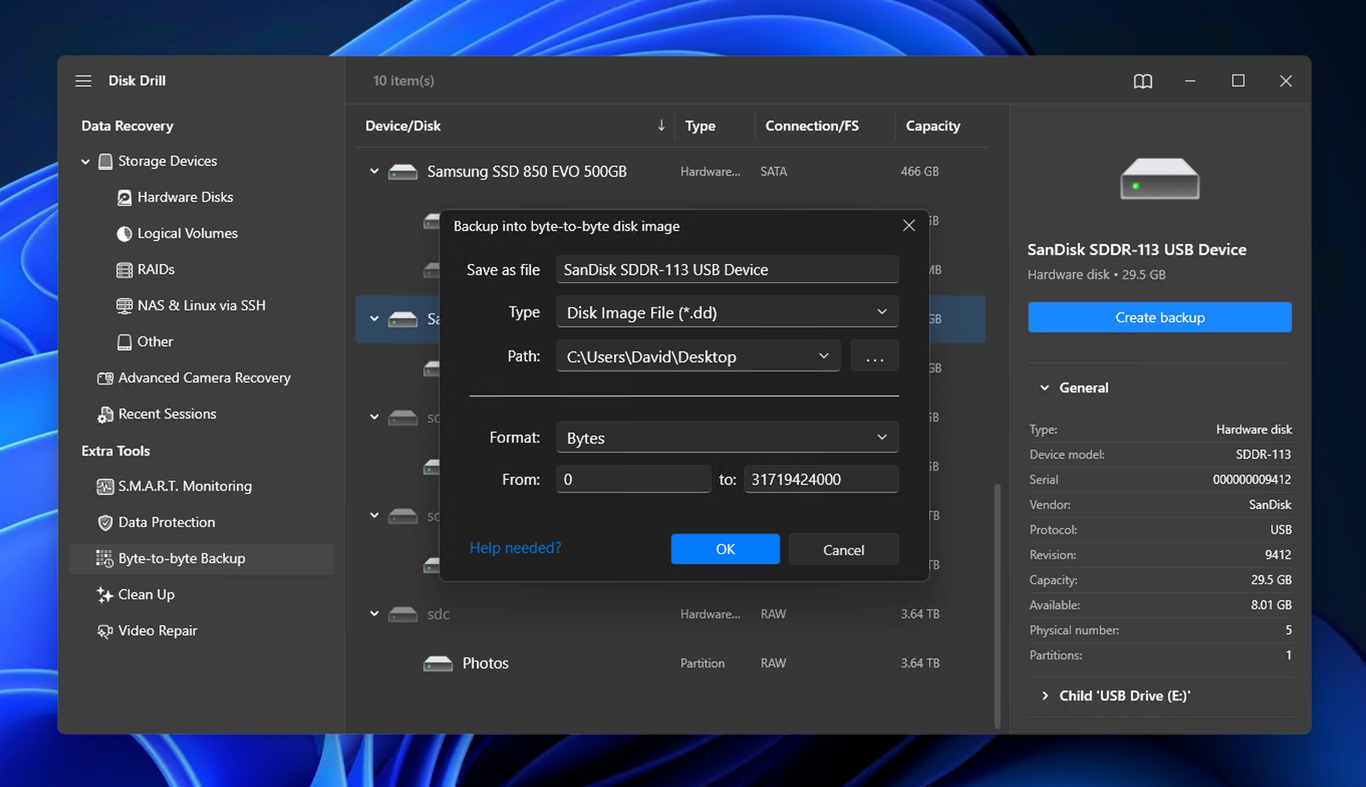 Disk Drill Windows Byte-zu-Byte-Speicherort